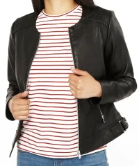 women-collarless-leather-jacket