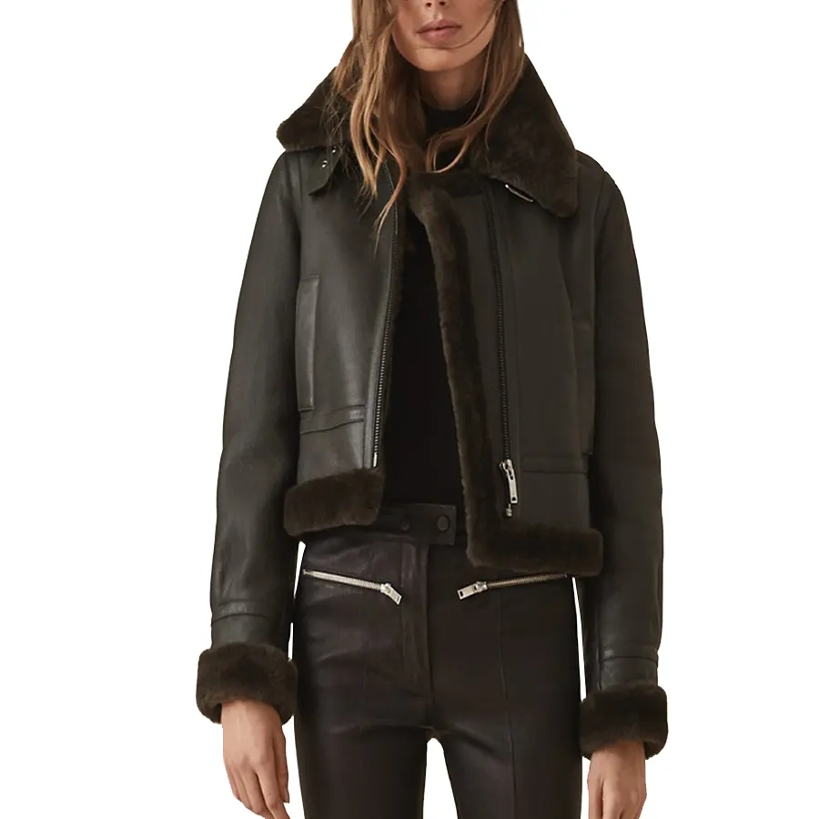 Women Shearling Aviator Biker Jacket
